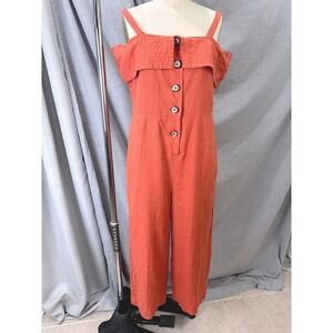 Soft Surroundings Raissa 100% Linen Jumpsuit Ruffle Shoulder Orange Wide Leg M